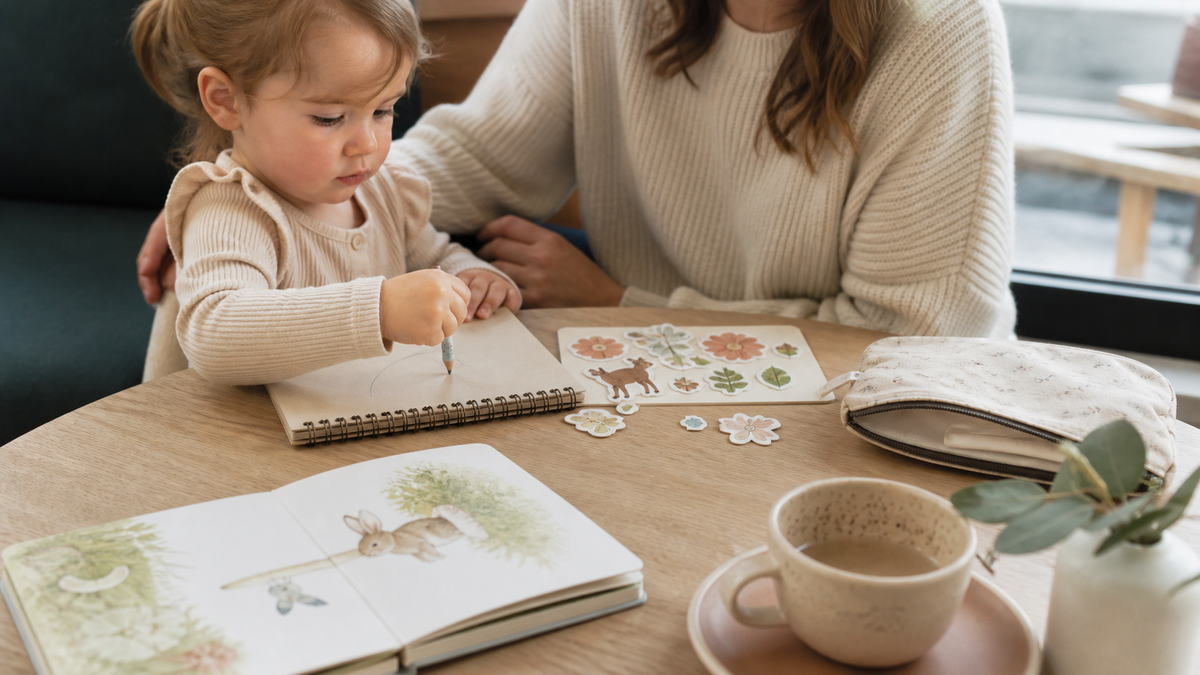 Toddler using a quiet activity in a waiting room