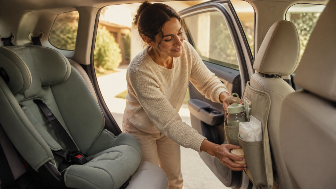 Family preparing the car for a toddler road trip