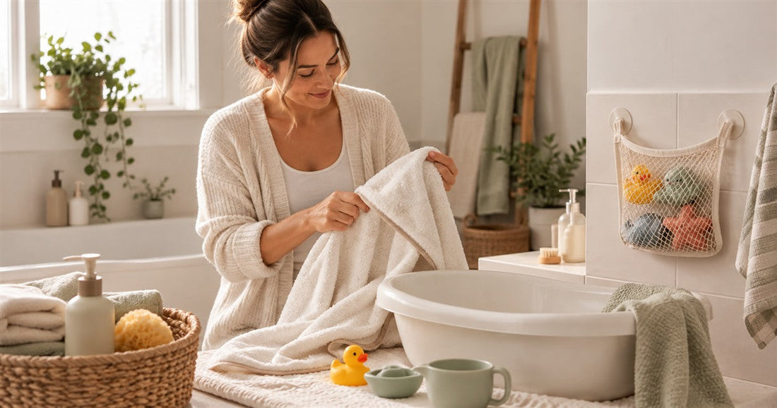 Gentle baby bath time setup with towel and bath toys ready.
