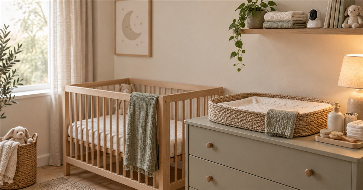 Calm nursery corner organised for sleep, feeding and changing.