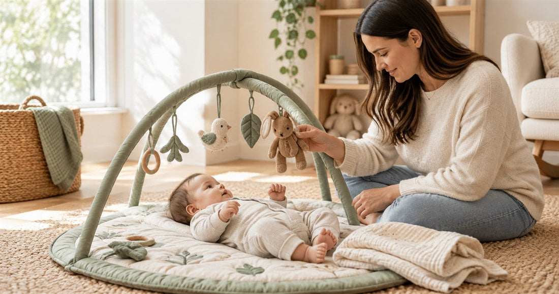Baby play mat set up on a soft nursery floor.