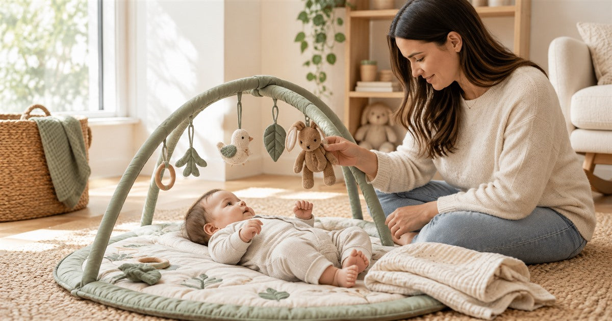 Baby play mat set up on a soft nursery floor.