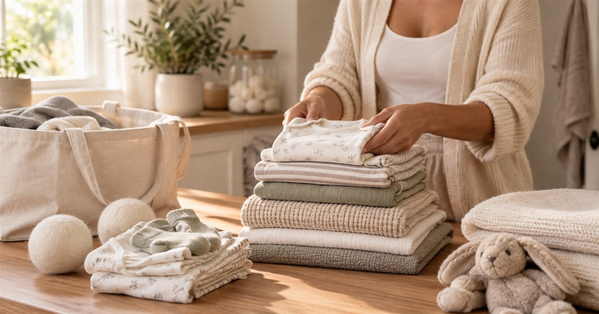 Folded family laundry with wool dryer balls and a reusable tote.