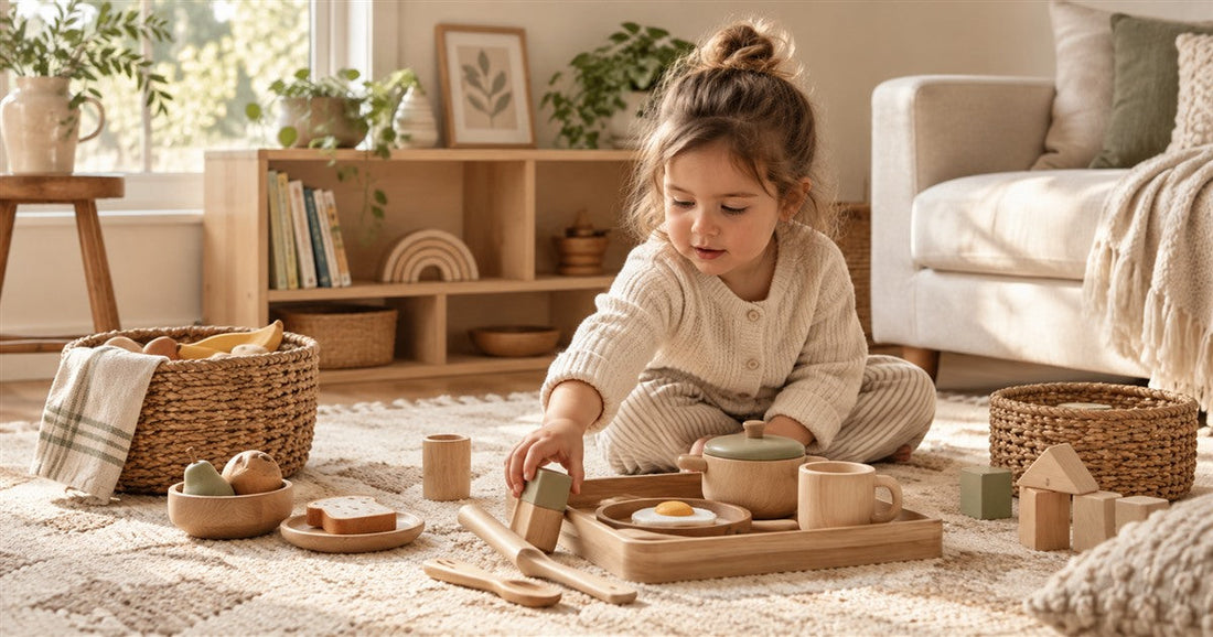 Montessori-inspired play shelf with wooden toys and tidy baskets.