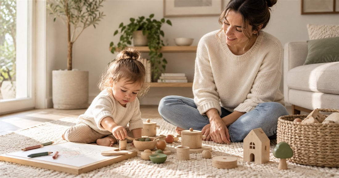 Screen-free toddler play setup with wooden toys and drawing board.