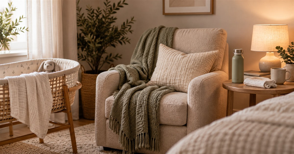 Cosy postpartum comfort corner with chair, blanket and feeding essentials.