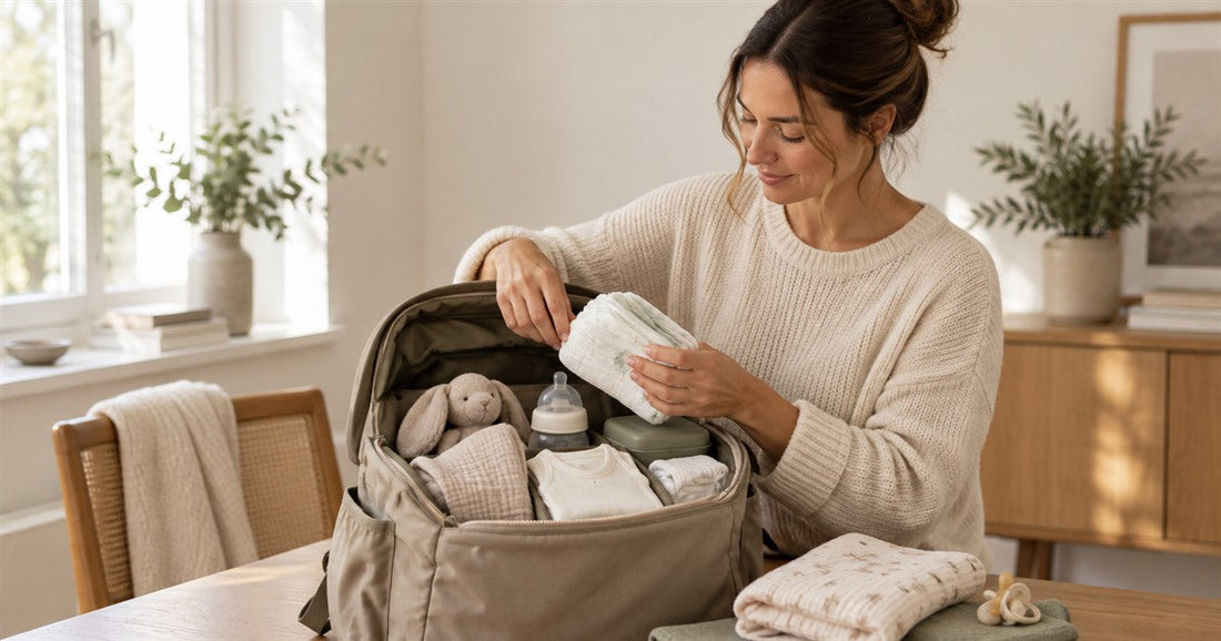 Organised changing bag essentials laid out for a baby day out.