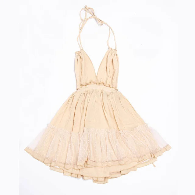 Boho Lace Mini Dress Women's Sleeveless V-Neck – Cotton-Rayon, A-Line, S-XXL, 7 Colours