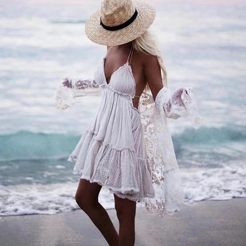 Boho Lace Mini Dress Women's Sleeveless V-Neck – Cotton-Rayon, A-Line, S-XXL, 7 Colours