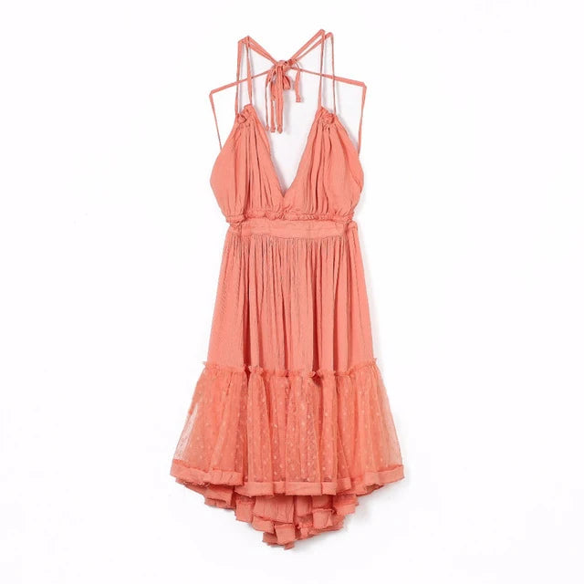 Boho Lace Mini Dress Women's Sleeveless V-Neck – Cotton-Rayon, A-Line, S-XXL, 7 Colours