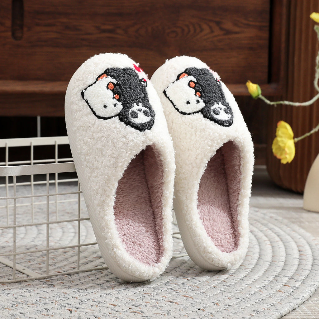 Skull Print Fur Slippers, Warm Non-Slip Indoor Slippers