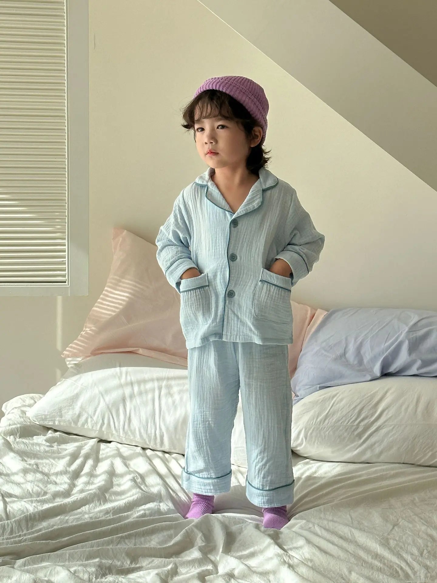 Kids Cotton Pajama Set, 2-Piece Button-Up Shirt and Trousers