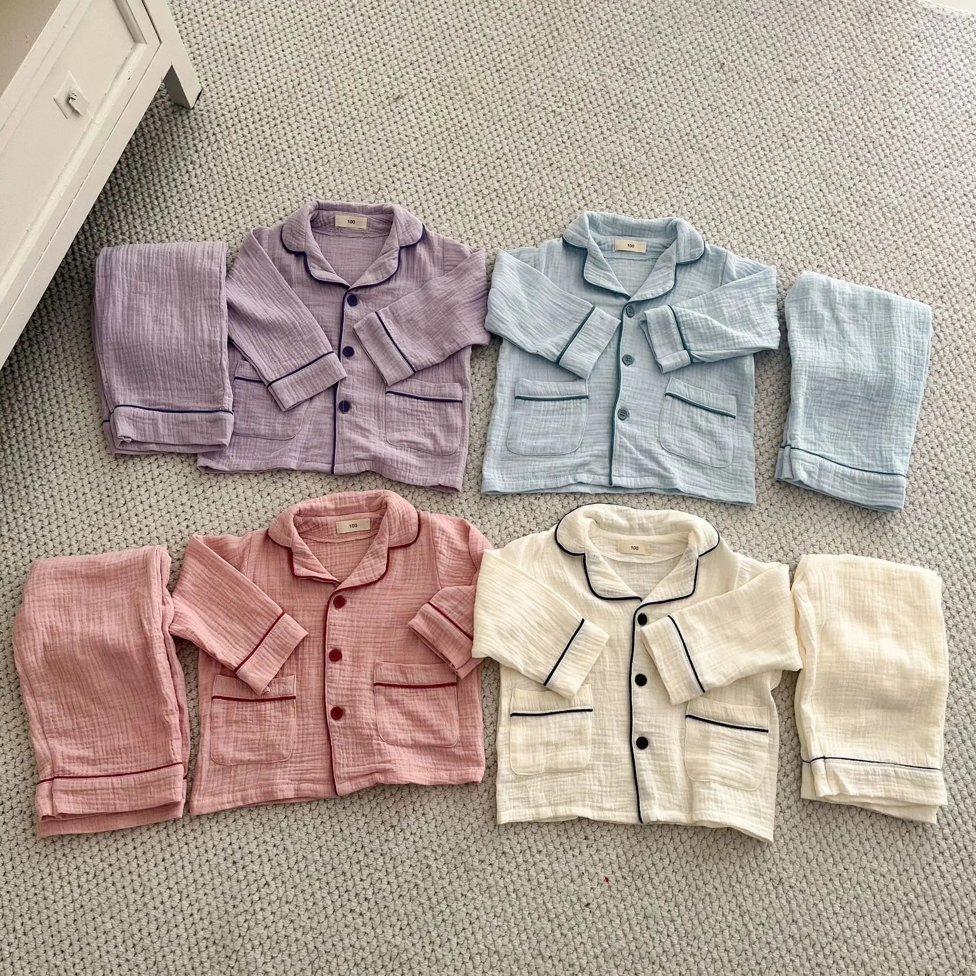 Kids Cotton Pajama Set, 2-Piece Button-Up Shirt and Trousers