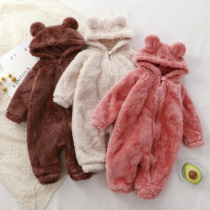 Baby Fleece Romper Hooded Zipper, Winter Jumpsuit 0-36 Months