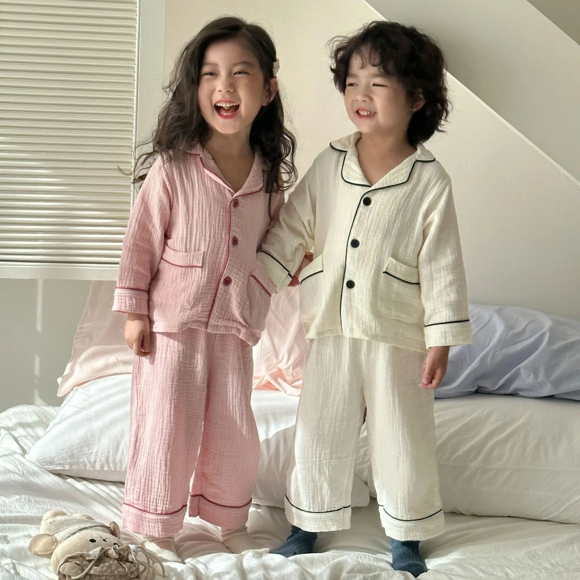 Kids Cotton Pajama Set, 2-Piece Button-Up Shirt and Trousers