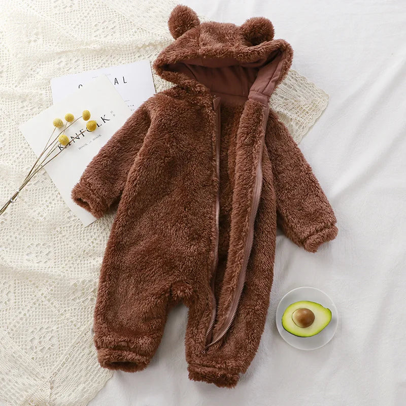 Baby Fleece Romper Hooded Zipper, Winter Jumpsuit 0-36 Months