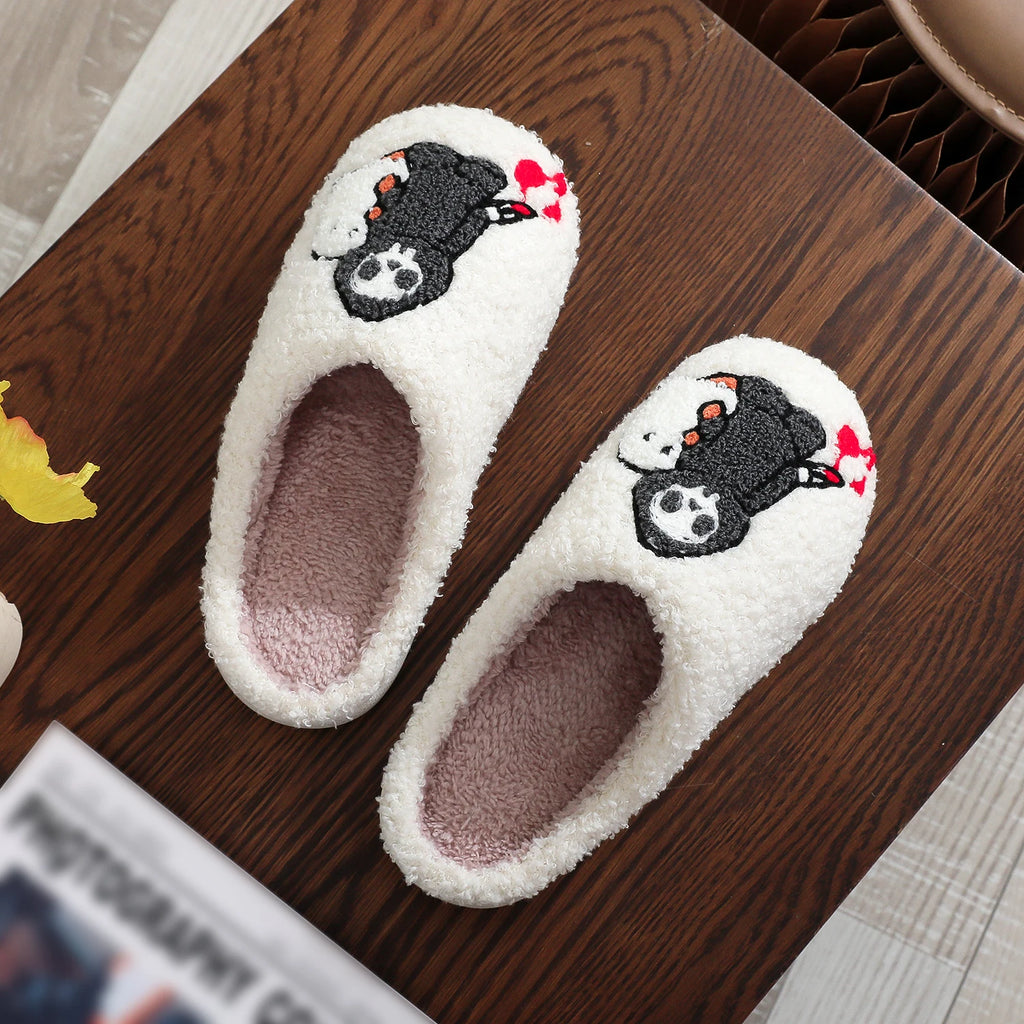 Skull Print Fur Slippers, Warm Non-Slip Indoor Slippers