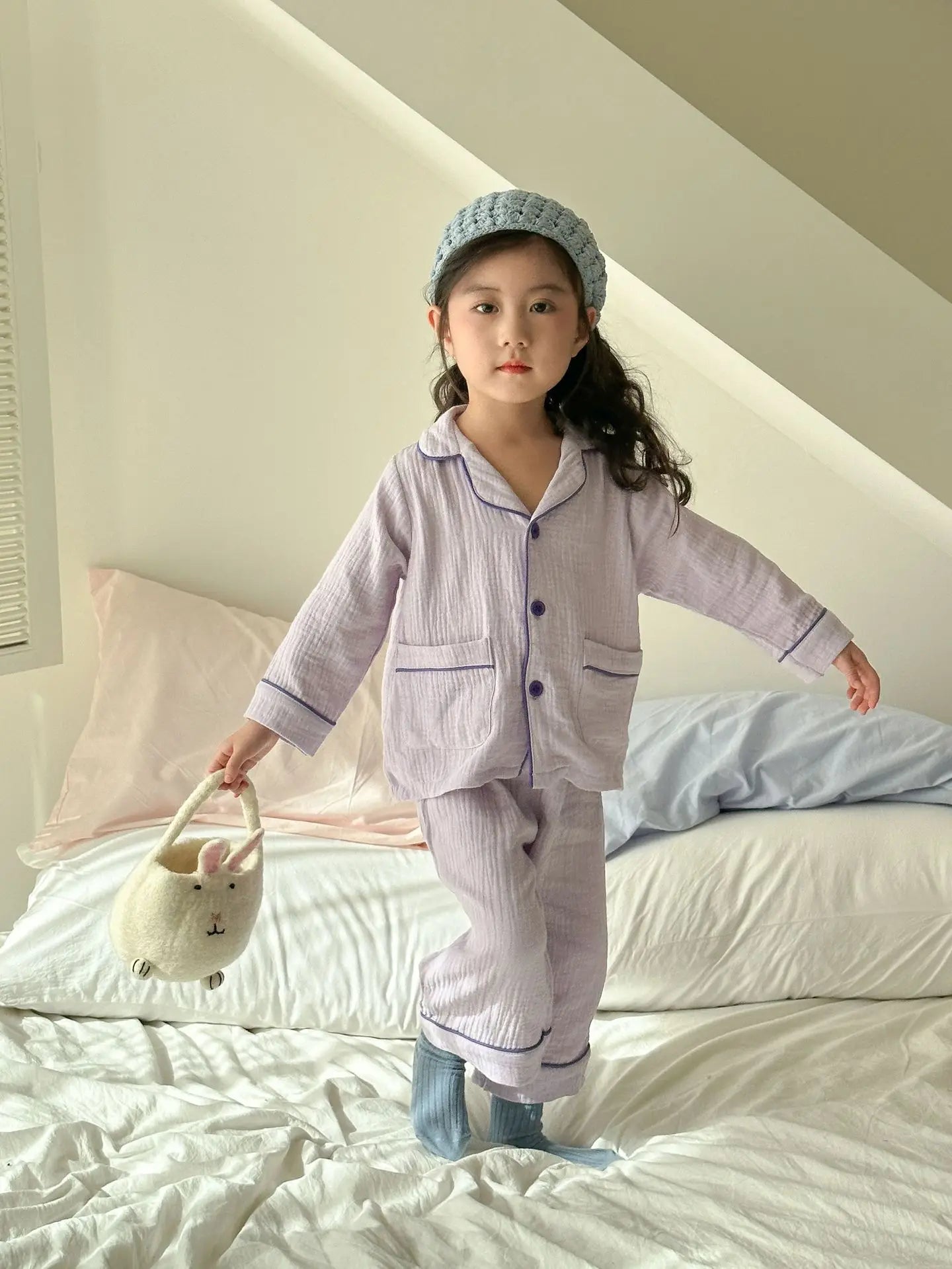 Kids Cotton Pajama Set, 2-Piece Button-Up Shirt and Trousers
