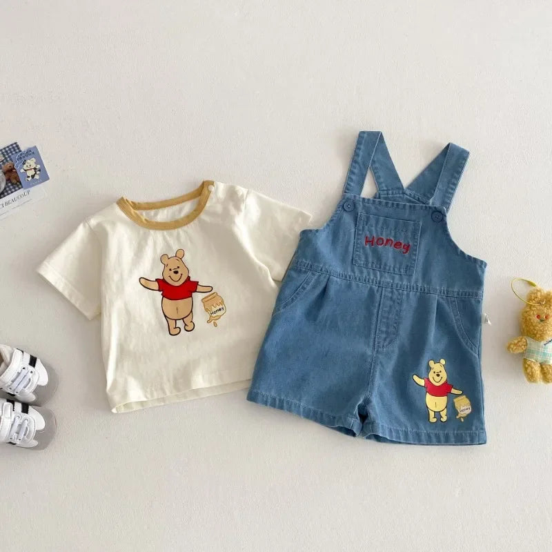 Kids 2-Piece Summer Set, T-Shirt and Denim Strap Shorts