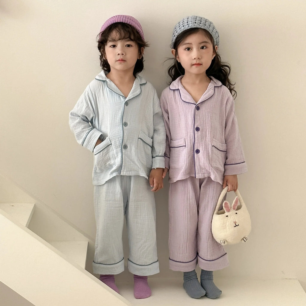 Kids Cotton Pajama Set, 2-Piece Button-Up Shirt and Trousers