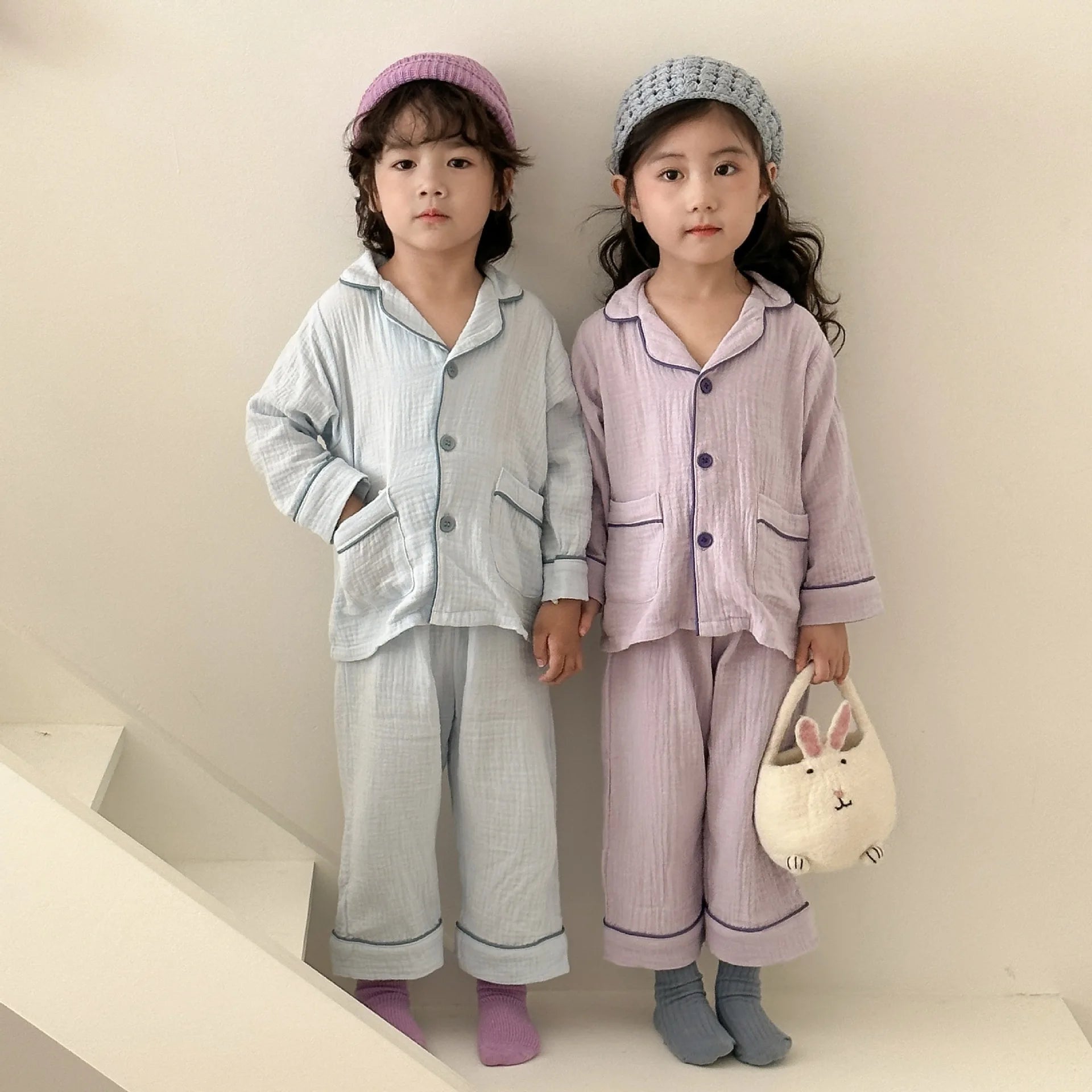 Kids Cotton Pajama Set, 2-Piece Button-Up Shirt and Trousers