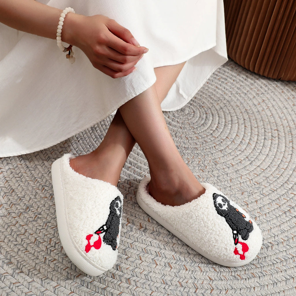 Skull Print Fur Slippers, Warm Non-Slip Indoor Slippers