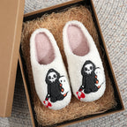 Skull Print Fur Slippers, Warm Non-Slip Indoor Slippers