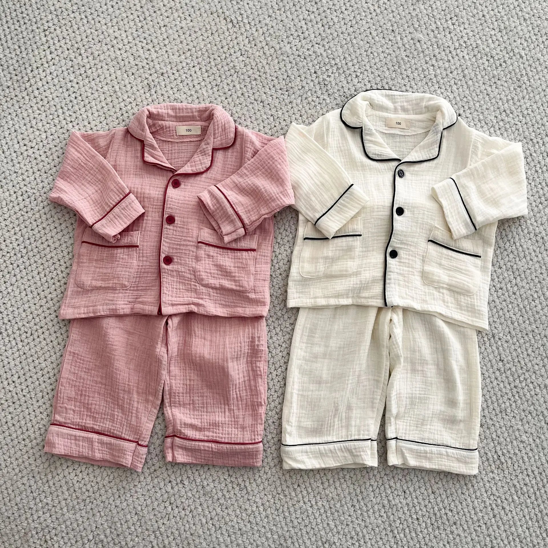 Kids Cotton Pajama Set, 2-Piece Button-Up Shirt and Trousers