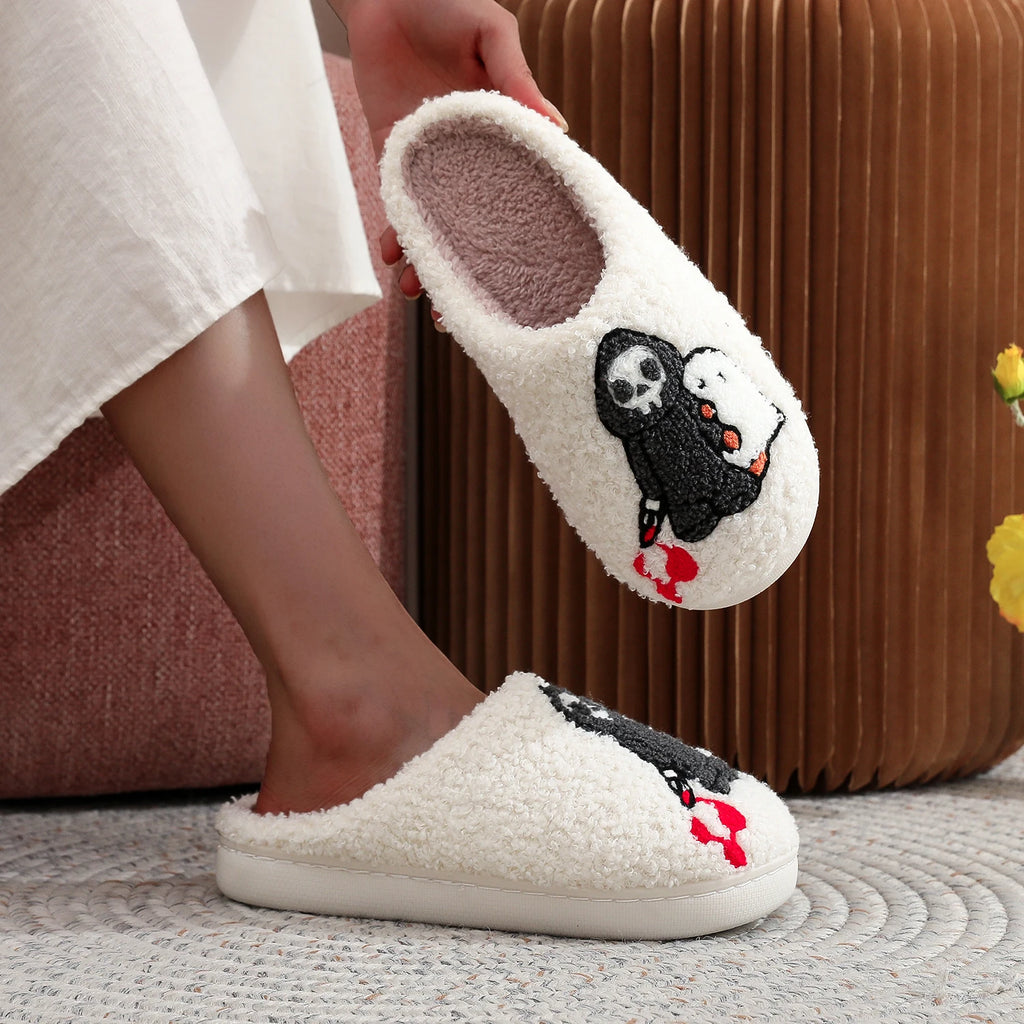 Skull Print Fur Slippers, Warm Non-Slip Indoor Slippers