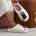 Skull Print Fur Slippers, Warm Non-Slip Indoor Slippers