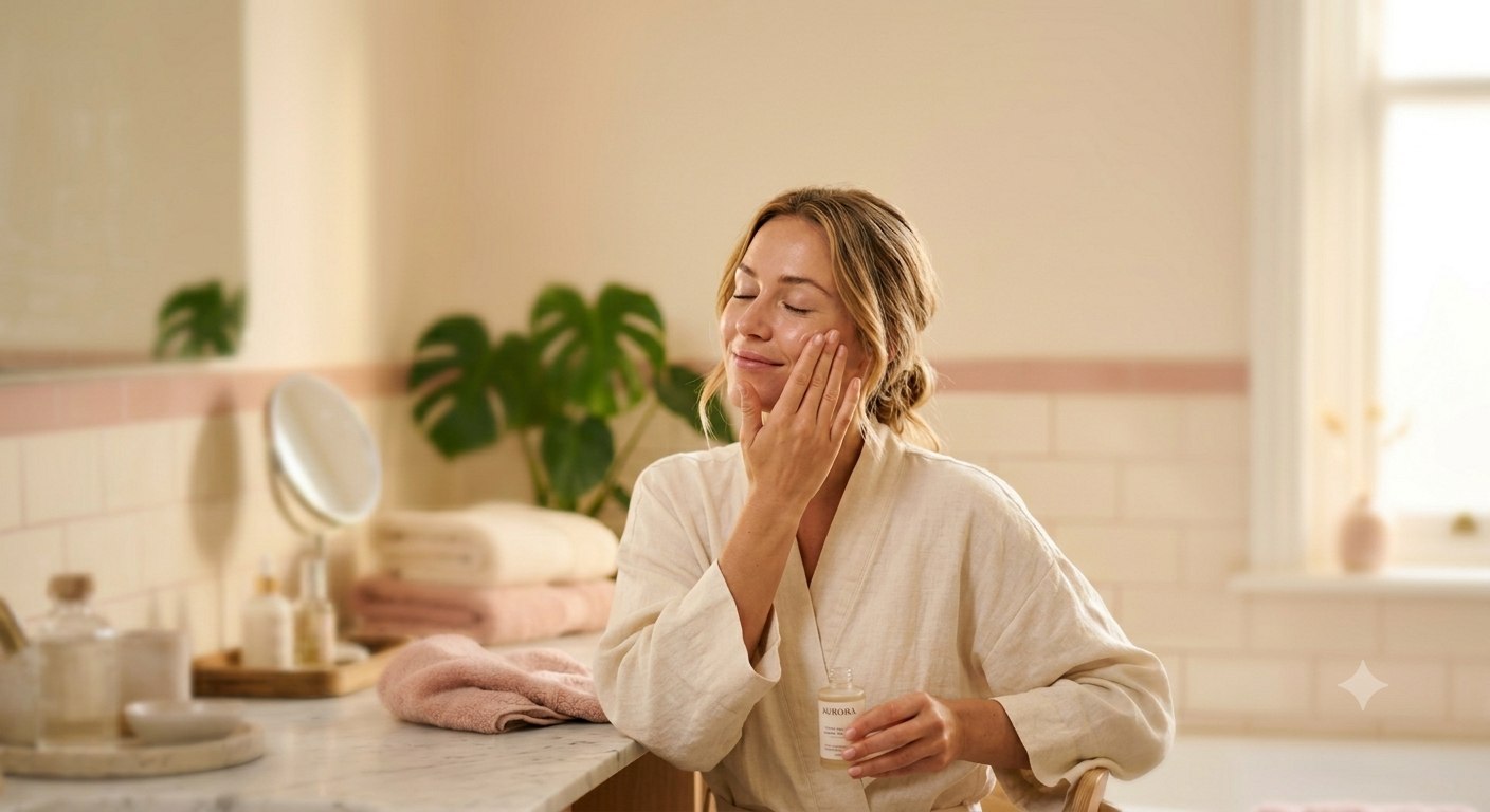 Woman applying skincare in a warm-toned bathroom