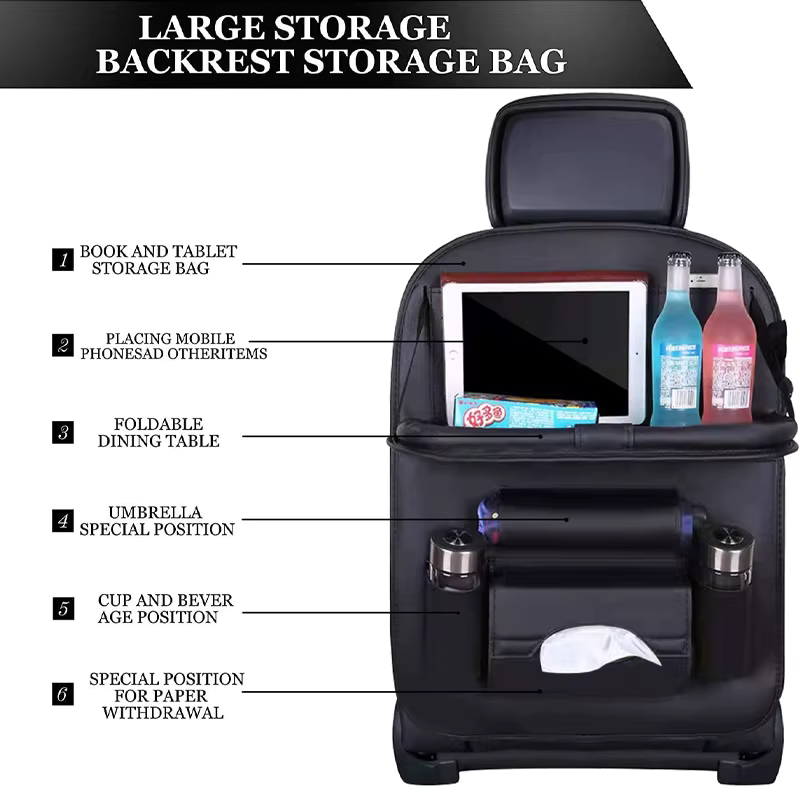 PU leather car back seat organiser with fold-out table tray - photo 3