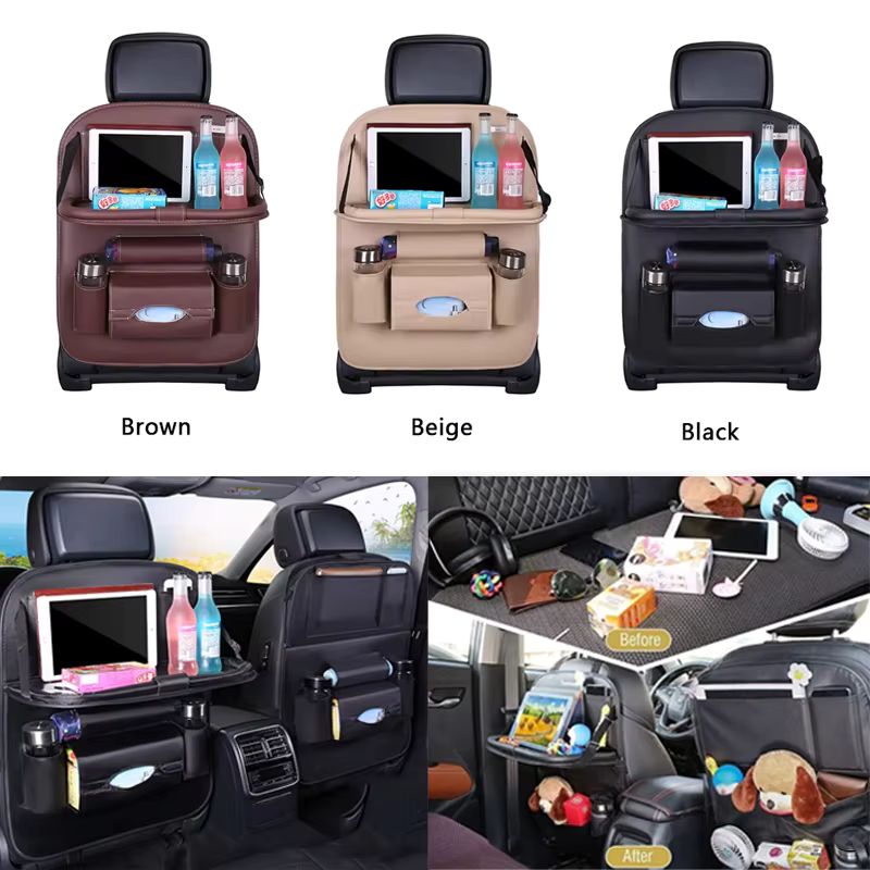 PU leather car back seat organiser with fold-out table tray - photo 1